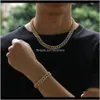 Armband Set Smycken Drop Leverans 2021 12mm Miami Kubansk Länkkedja Halsband Armband Set för Mens Hip Hop Bling Iced Out Diamond Gold Si