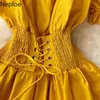 Neploe Square Neck Puff Kurzarm Weißes Kleid Frauen Sommer Koreanische Vestidos Spitze-up Schlanke Taille Mini Kleider Süße robe 210422