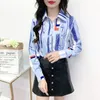 Koreanische Frauen Shirts Blusen Chiffon Frau Langarm Tops Gestreiften Druck OL Fliege Top Plus Größe 210427