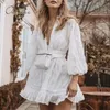 Summer Sundress Women Party Long Sleeve Belted White Lace Embroidery Tunic Beach Dress 210415