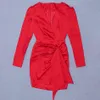 Free Sexy Red Satin Dress Women's Deep V Neck Puff Sleeve Bodycon Draped Club Night Party Mini Vestidos 210524