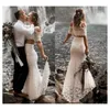 Dwa kawałek Boho Bohemian Full Lace Syrenka Suknia Ślubna Suknie Ślubne Off Ramię Pół Rękaw Długość Plaża Suknie Formalne Custom Made Vestido de Noiva