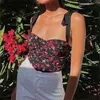 Harajuku ros blommig tryck Svart Kvinnor Camisole Sommar Slips Båge Lace-up Bandage Tank Toppar Retro Cool Girl Sexy Slim Crop Top Tees 210429