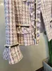 Vintage Rosa Plaid Weave Tweed Women Flare Långärmad Pearls Patchwork Ruffles Wool Jacket Coat Elegant Slim Outwear 210416