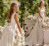 Mode mouwloze backless trouwjurk 2022 satijnen boog vierkante kraag mermaid prinses vestido de novia bruid toga afneembare trein