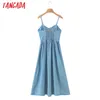 Summer Women Blue Denim V Neckrem Justera damer Midi Dress Vestidos 8H80 210416