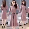 Automne hiver dames ensembles Style coréen à manches longues couleur Pure robe tricotée pull mince gilet robes GX763 210507