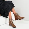 Med Heel Women Boots Square Toe Ankle Lace Up Chunky Shoes Female Short Autumn Winter Brown Big Size 210517