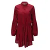 Vestido rojo a cuadros de manga larga con farol para mujer, vestidos elegantes de oficina con botones cortos a cuadros vintage para mujer 210427