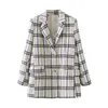 Vinatge Woman Beige Plaid Patchwork Shoulder Pad Blazer Coats Spring Casual Ladies Outwear Female Elegant Soft Jackets 210515