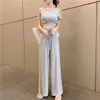 Koreaanse vrouwen pak korte mouwen gewas Tee effen kleur elastische taille brede been broek casual eenvoudige zomer straatkleding 2-delige set 210527