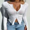 Cerniera frontale da donna Top corto a costine Autunno Tinta unita Zip manica lunga Scollo a V Maglieria attillata T-shirt Top G220228