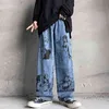 Summer Style Wide Leg Pants Street Retro Cartoon Jeans Y2k Aesthetic Print Denim Trousers Hole Female Plus Size Women 211129