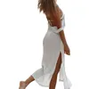 Sexy Femme Summer Beachwear Robe Cover-Up Maillot de bain transparent Sans manches Dos nu Split Blanc Solide Couleur Longue 210522