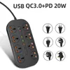 AU US UK EU 3000W Power Strip Chargers 6 Outlet Socket USB Type C PD QC3.0 20W 4 Fast Charger Ports Socket 2m