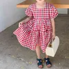 Mode Plaid Print Jurk Zomer Kid Kleding Meisje Koreaanse stijl Puff Sleeve Sweet Princess 210515