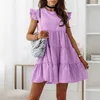 Mulheres elegantes pescoço redondo de borboleta retrô de manga curta Vestido de festa de verão Moda Moda Sólida Pleated A-Line Dress Casual Loose Dress Y1006