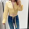 Zevity Mujeres Cruz Cuello en V Dobladillo sólido Atado Diseño Blusa corta Mujer Manga larga Kimono Camisas Chic Crop Blusas Tops LS9252 210603