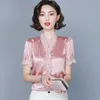 韓国の女性のシャツBlouses for short袖の女性トップレースのパッチワークのブラウストップスの特大の女性ボタンUP OL 210604
