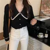 Camicetta Chic donna Pieghe Solid Femme Camicie delicate Office Lady Vita alta Streetwear Top maniche lunghe 210525