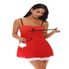 Natal Cosplay Costume Vermelho Saia Deslizante Transparente Vestido de Laço Senhoras Sexy Lingerie 211208