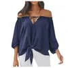 Damesblouses Overhemden Office Lady Gestreepte printblouse Sexy woon-werkverkeer Vlinderdas Schuine hals Schouderafhangend Halve mouw Elegante top Blusas 40#