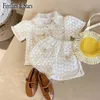 Summer Girls 2 Pcs Set Blouse + Shorts Kids Suit Children Clothes Fashion Floral Embroidery White Mesh Lace Soft 1 To 7 Yrs X0902