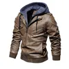 Casual Motorcycle PU Jacket Mens Winter Autumn Fashion Leather Jackets Male Slim Removable Hooded Warm Outwear Fleece Clothing 211111