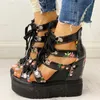 2020 Women Summer Sandals Floral Print Wedges Heels Corss-tied Height Increasing Fashion Causal Shoes Ladies Whosale