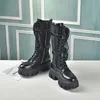 Vrouwen Echt Leer Monoliet Laarzen Designer Lady Nylon Zakje Riem Rubberen Loopvlak Zool Enkel Combat Boot