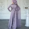 Lilac Muslim Evening Dress Dubai Arabic Long Sleeve Satin Formal Prom Dresses With Feather Turkey Party Gowns vestidos formales Robe De Soirée Mariage