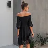 Vår sommarmode svart spetsklänning kvinnor snedstreck med solid hög midja knä längd klänning streetwear ny 210413220i