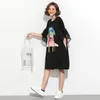 Spring Flare Sleeve Mesh Cartoon Fashion Women Robe Korean O Neck Large Size Casual Tassel T-shirt Style Dress 210510