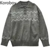 Korobov는 칼라 긴 소매 풀오버를 켜고 빈티지 자카드 캐주얼 느슨한 니트 스웨터 여성 대비 색상 Femme 210430