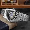 Orologi da polso triangolari da uomo con scheletro vuoto di moda Orologi da polso con caduta di prezzo di promozione meccanica automatica in acciaio inossidabile