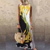 Femmes Summer Maxi Robe Élégante O Cou Floral Papillon Robe Sexy Plus Taille Casual Lin Lâche Sans Manches Imprimer Plage Sundress 210507