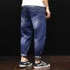 Homens verão rasgado tornozelo comprimento plus tamanho jeans 38 40 42 harem buracos hip hop calças denim riscado meninos soltos frescos calças azuis x0621