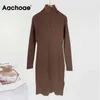 Aachoae Solid Knitted Long Dres Autumn Winter Turtleneck Long Sleeve Sweater Dress Lady Split Loose Casual Dress Vestidos 211221