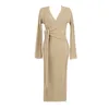 light mature style Solid color long sleeve V-neck twist knitted maxi dresses for women high street spring GX298 210421