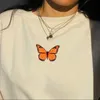 1 шт. Бабочка напечатана футболка бабочка рюшами белая футболка дамы топы летние повседневные милые твердые с коротким рукавом женщины футболка 210518