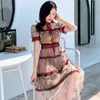 High Quality Summer Designer Mesh Lace Dresses Women Short Sleeve Vintage Flower Embroidery Party Midi Dress Vestidos 210603