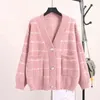 H.SA Women Winter and V neck Plaid Button Up Knit Cardigans Pink Sweater Faux Fur jacket Korean Coat 210417