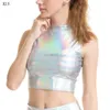 Kobiet Sexy Metallic Glitter Kamizelka Solidna Kamizelka Wetlook Sleevelmock Neck Crop Top X0507