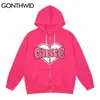 Gonthwid Hip Hop Zip Up Hooded Sweatshirt Jacka Harajuku Heart Print Zipper Hoodie Coat Mens Bomull Höst Lila Rosa 211110