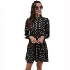 Mode sommar vintage v-hals polka dot miniklänning för kvinnans höst chiffong a-line svart långärmad sexig elegant klänning full 210514