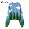 Foridol Mohair Vintage Blue Sweater Pullovers Kvinnor Lantern Sleeve Överdimensionerad Beskuren Jumper Short Casual Pull Femme 210415