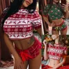 Autumn Christmas Print Suits Women Fashion O Neck Short Sleeve Crop Top+Sexy Shorts 2 Piece Sets Party Pajamas Outfits 210526
