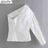 ZEVITY Kadın Moda Tek Omuz Beyaz Asimetrik Smock Bluz Bayanlar Geri Düğmeler Pileli Femininas Gömlek Chic Tops LS9306 210419