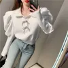 Kimutomo Women Elegant Solid T-shirt Korea Chic Female Turn-down Collar Bow Buttons Puff Sleeve All-matching Tops Casual 210521