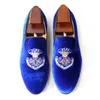 Handmade Royal Blue Men Loafers Velvet Embroidery Lace Gentlemen Wedding Dress Shoes